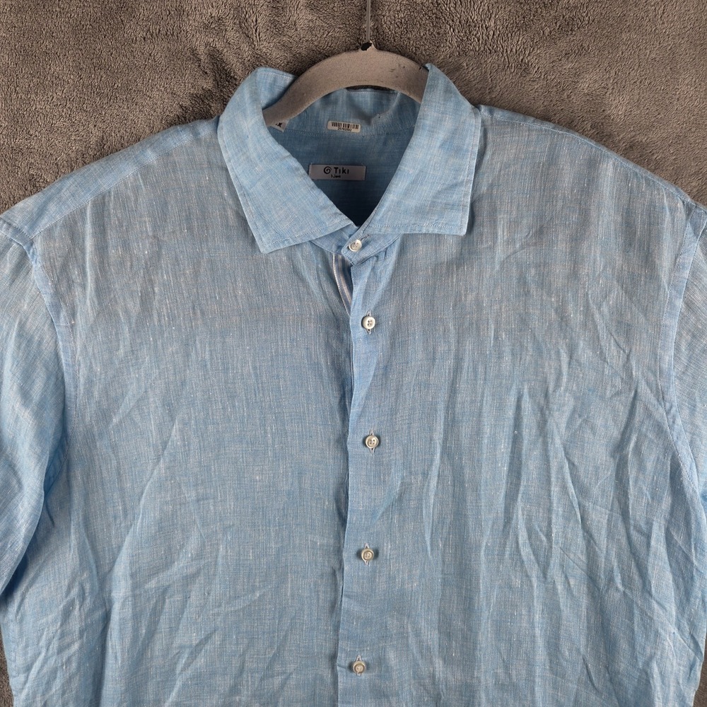 Tiki Napoli 100% Linen Blue Shirt Mens XL Long Sleeve Made in Italy Casual - Picture 6 of 13